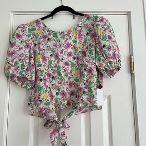 Floral Puff Sleeve Tie-Front Top